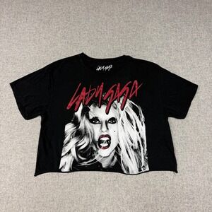 Lady Gaga Graphic T-Shirt XXL Black Raw Hem Cropped Short Sleeve Cotton Tee 2015